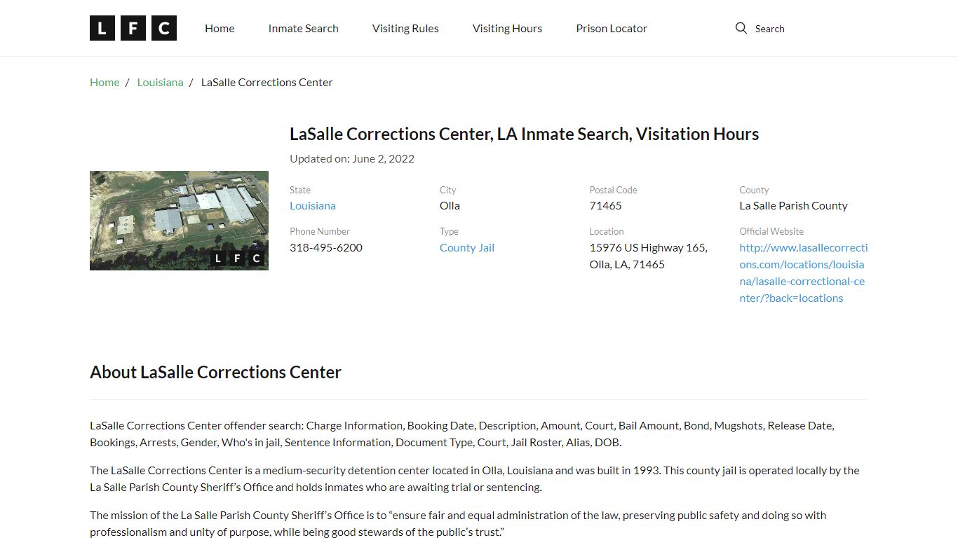 LaSalle Corrections Center, LA Inmate Search, Visitation Hours