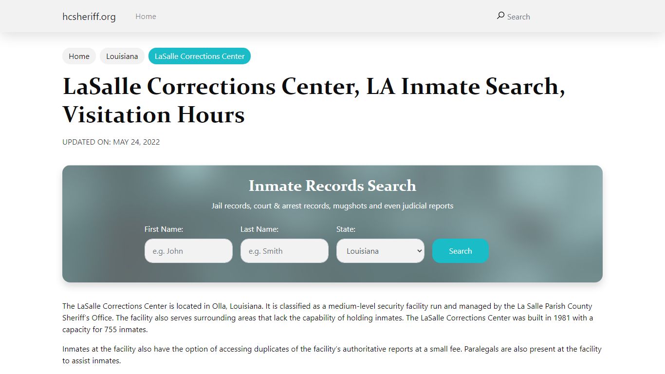 LaSalle Corrections Center, LA Inmate Search, Visitation Hours